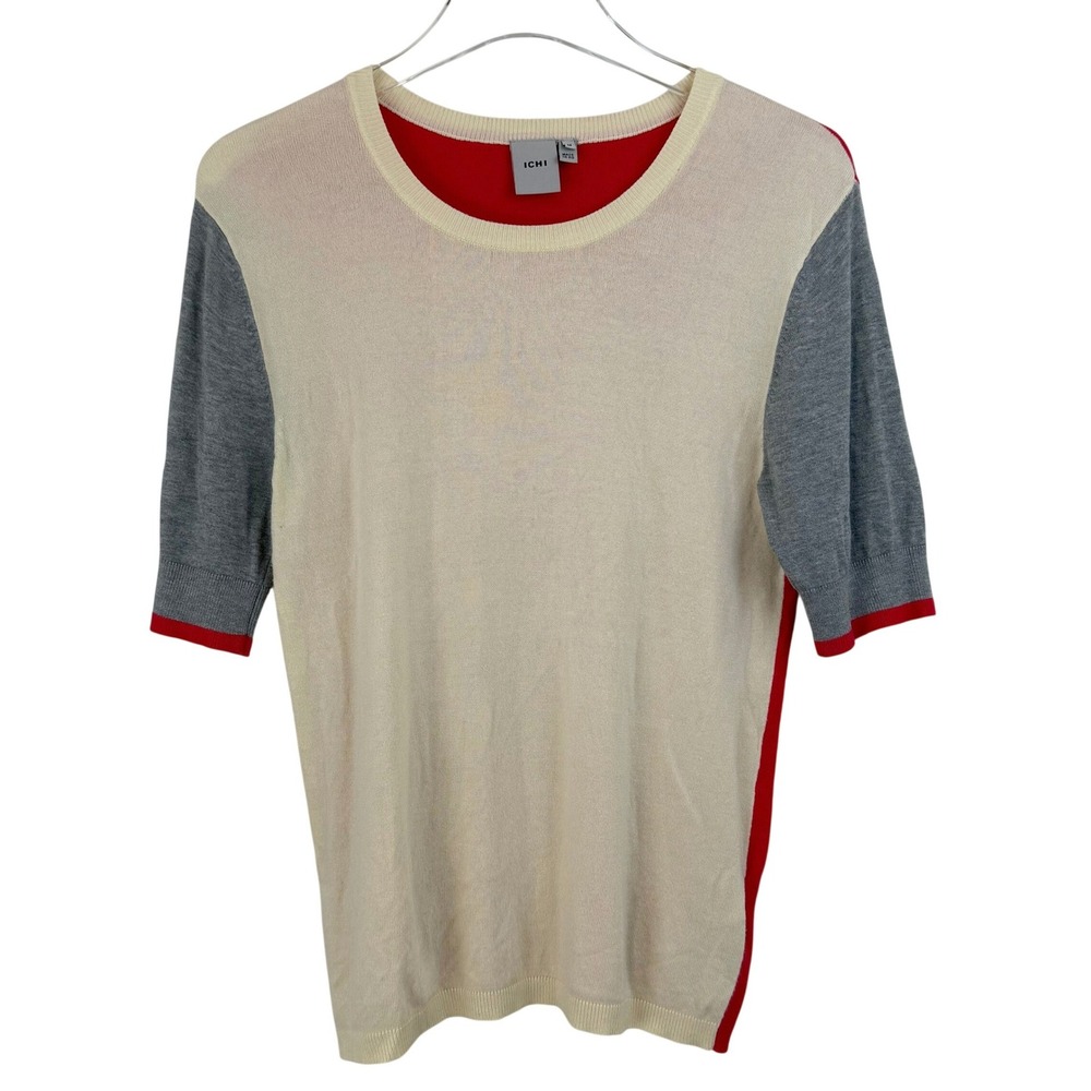 ICHI IHMAFA Colorblock Knit Top Red Cream‎ Grey Ecovero Viscose WOMEN MEDIUM